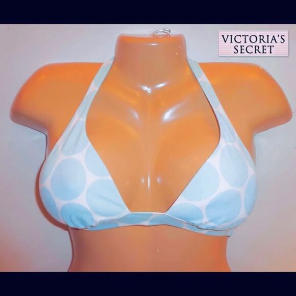 NWT XS VS Vintage Halter Removable Push Up Pads Blue White Polka Dots Bikini Top - Picture 1 of 6